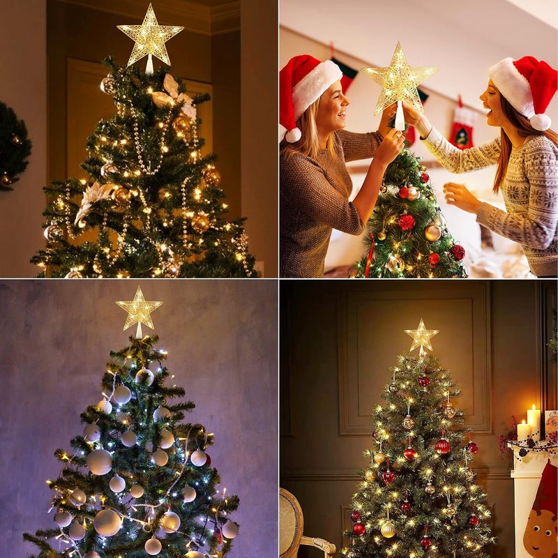 BRIZLER Gold Christmas Tree Topper, 9“ Hollow-Out Star Tree Topper with 10 Warm White Lights, Pre-lit 5 Point Star Treetop, 120V UL Listed Lighted Treetop for Christmas Tree Home Decoration - Image 5
